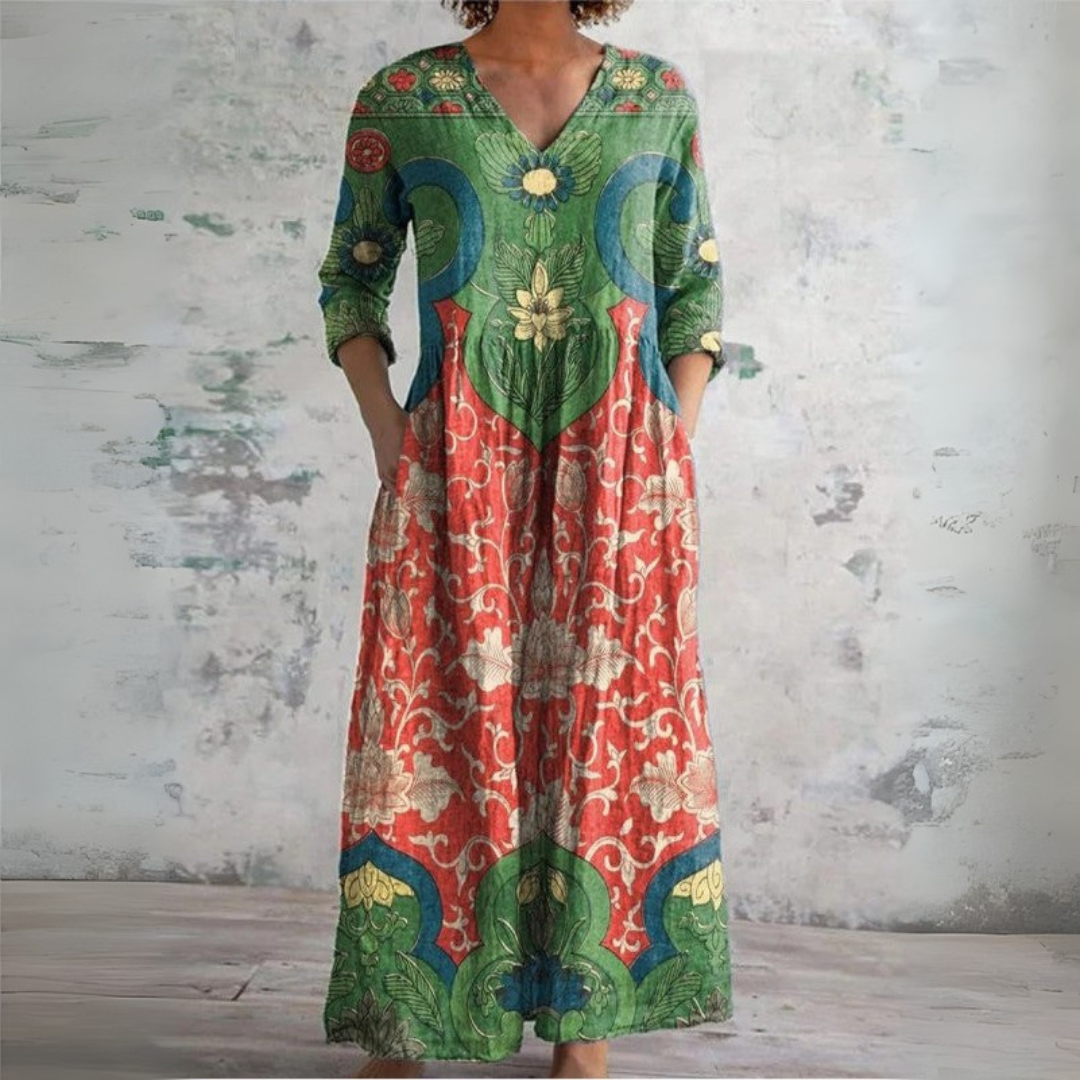 Women's green boho floral ethnic V-neck maxi dress, perfect for summer casual wear or vacation.