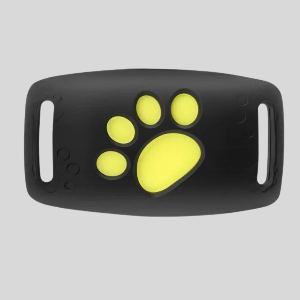 A sleek black Noko Pets GPS tracker attached to a pet collar, ensuring real-time dog or cat tracking and safety.