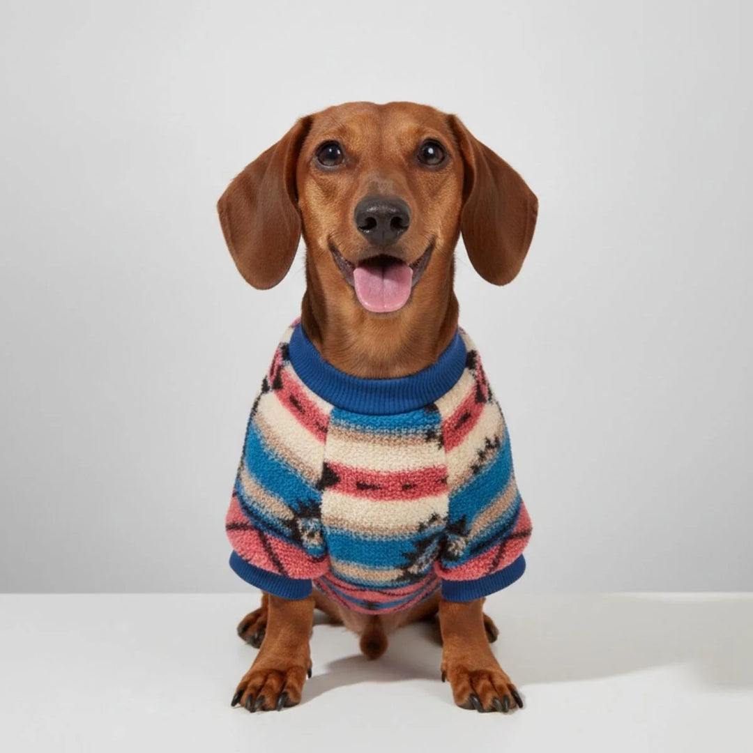 Close-up of a fluffy dog in a red and black striped plush winter sweater, looking cozy.