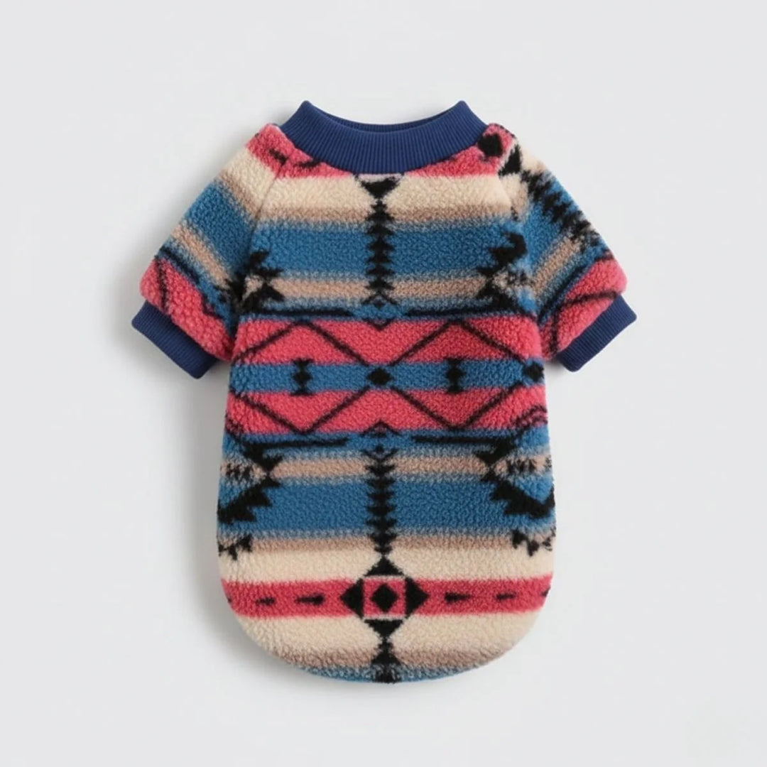 Detail shot of the soft, thick material of a striped plush dog winter sweater.