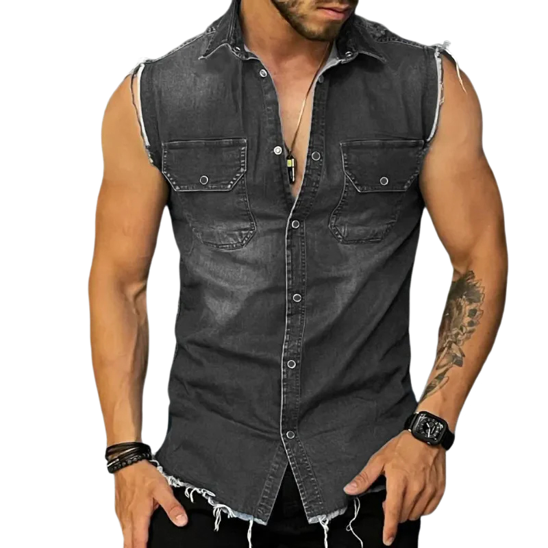 Men's vintage wash sleeveless vest with button-front, rugged style. Perfect for summer casual wear & streetwear.