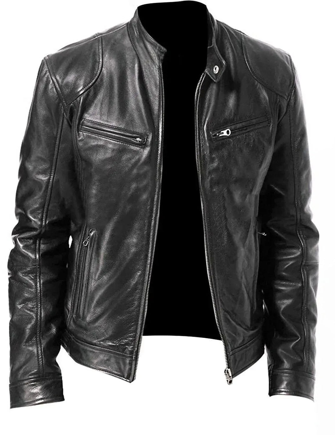 Men's classic black leather biker jacket, rugged style. Perfect for motorcycle enthusiasts & casual fashion outerwear.