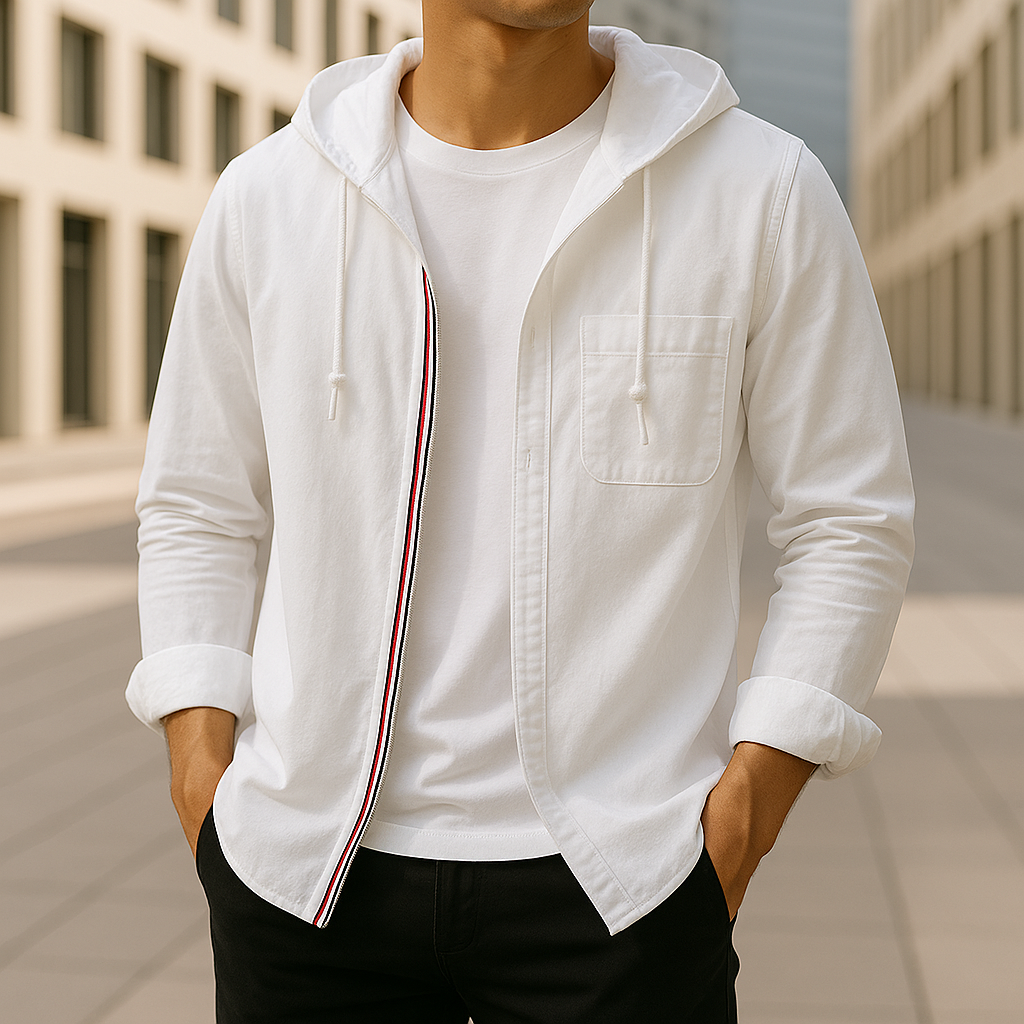 Stylish men's striped hoodie shirt with zip closure, great for spring/summer casual outfits.