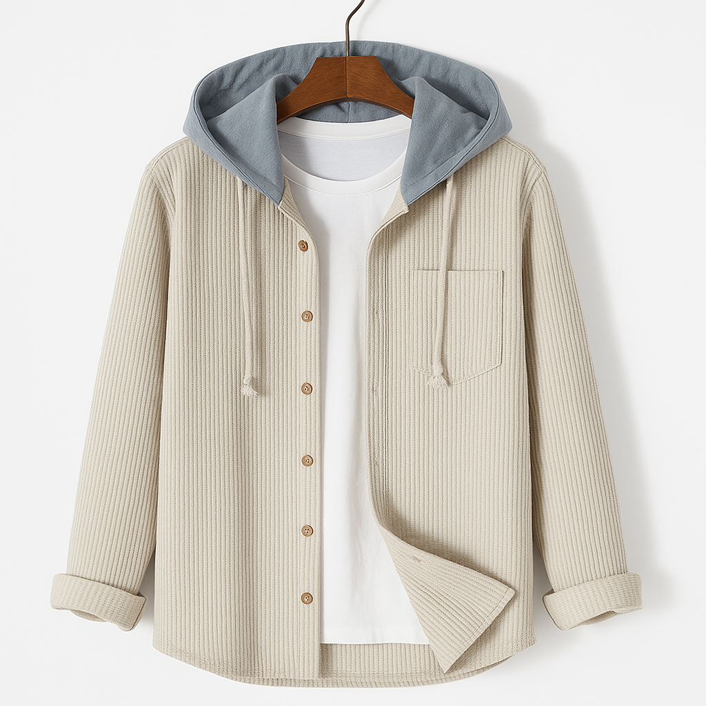 Modern unisex Brooklyn textured casual jacket with hood. A trendy button-up piece for versatile layering.