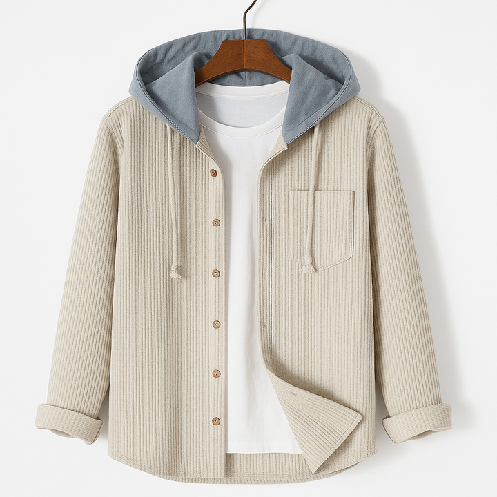 Modern unisex Brooklyn textured casual jacket with hood. A trendy button-up piece for versatile layering.
