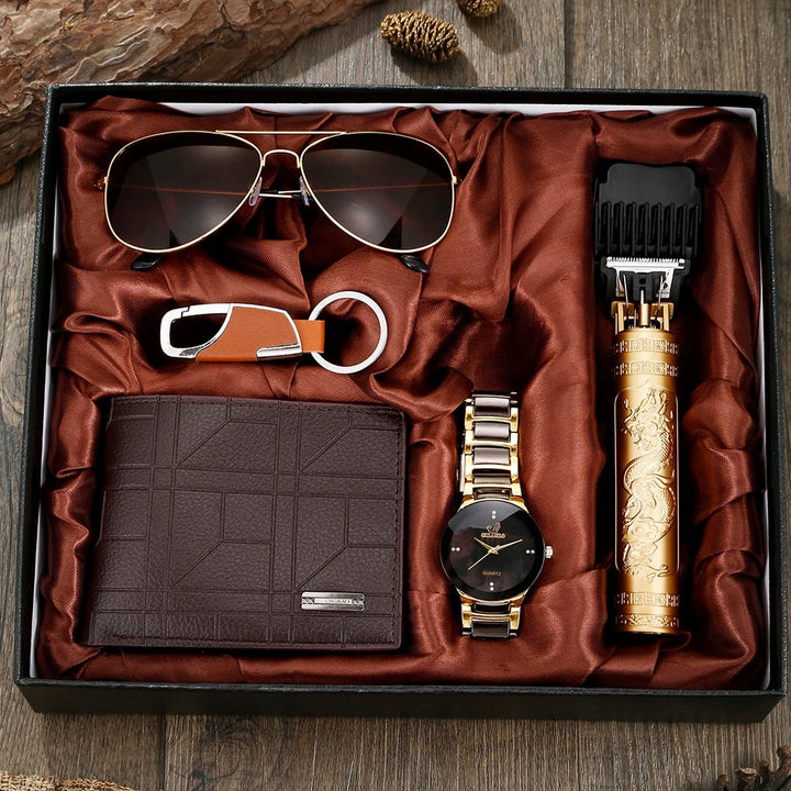 Stylish men's accessory gift set: watch, wallet, sunglasses, trimmer, & keychain for modern fashion.