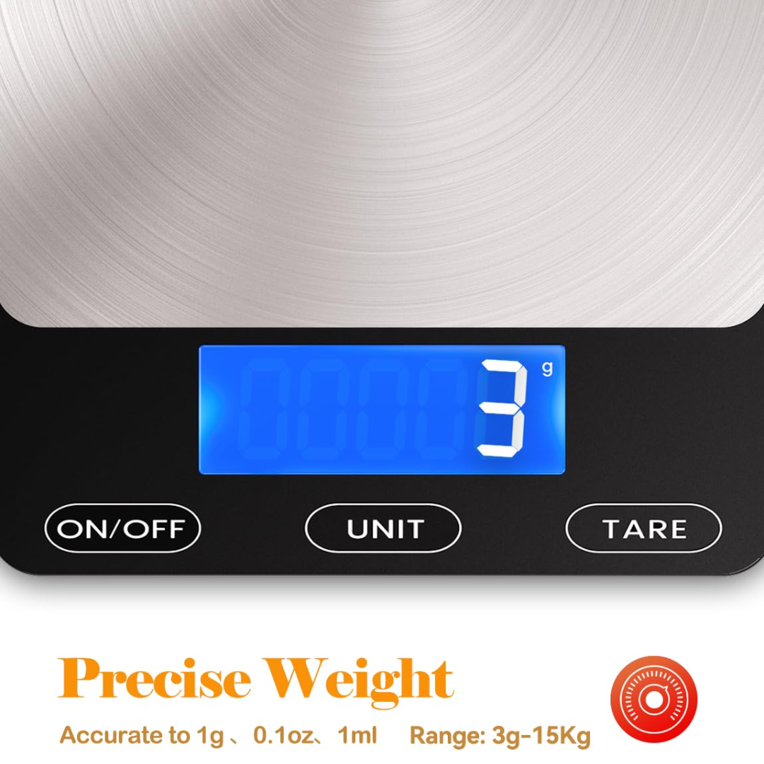 Stylish digital food scale with a stainless steel platform for accurate and easy kitchen measurements.