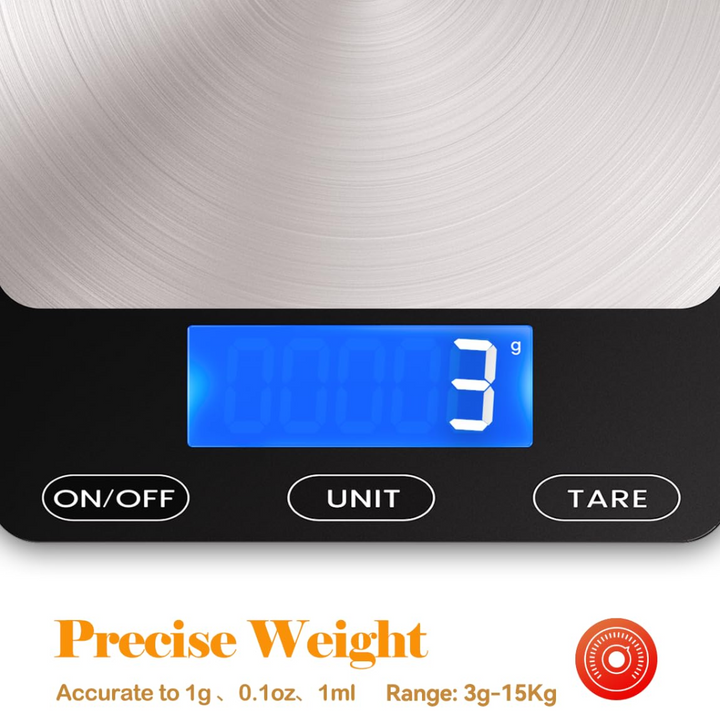 Stylish digital food scale with a stainless steel platform for accurate and easy kitchen measurements.