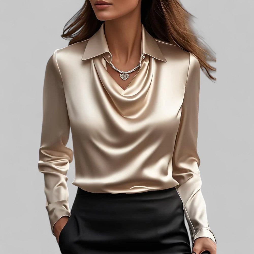 Versatile women's long sleeve blouse with a flattering draped neck, perfect for work or leisure.