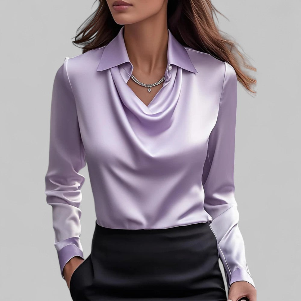 Stylish women's blouse, long sleeve with an elegant draped neck design for a polished look.