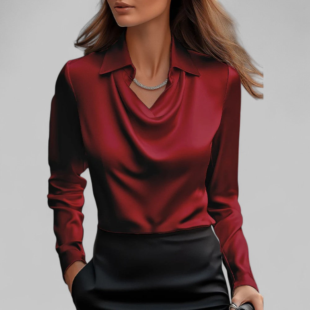 Fashionable women's apparel: long sleeve draped neck blouse, an elegant and comfortable everyday top.