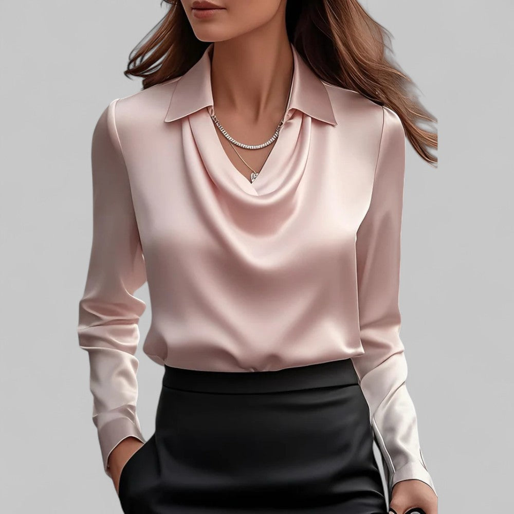 Chic women's fashion blouse with a unique draped neck and long sleeves, great for all occasions.