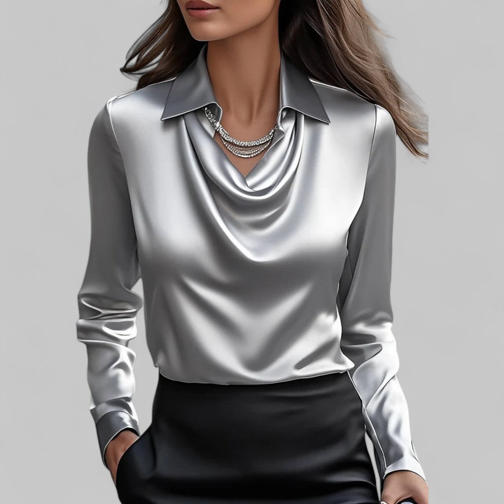 Women's comfortable long sleeve draped neck blouse, a must-have for versatile office wear.