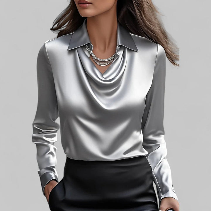 Women's comfortable long sleeve draped neck blouse, a must-have for versatile office wear.
