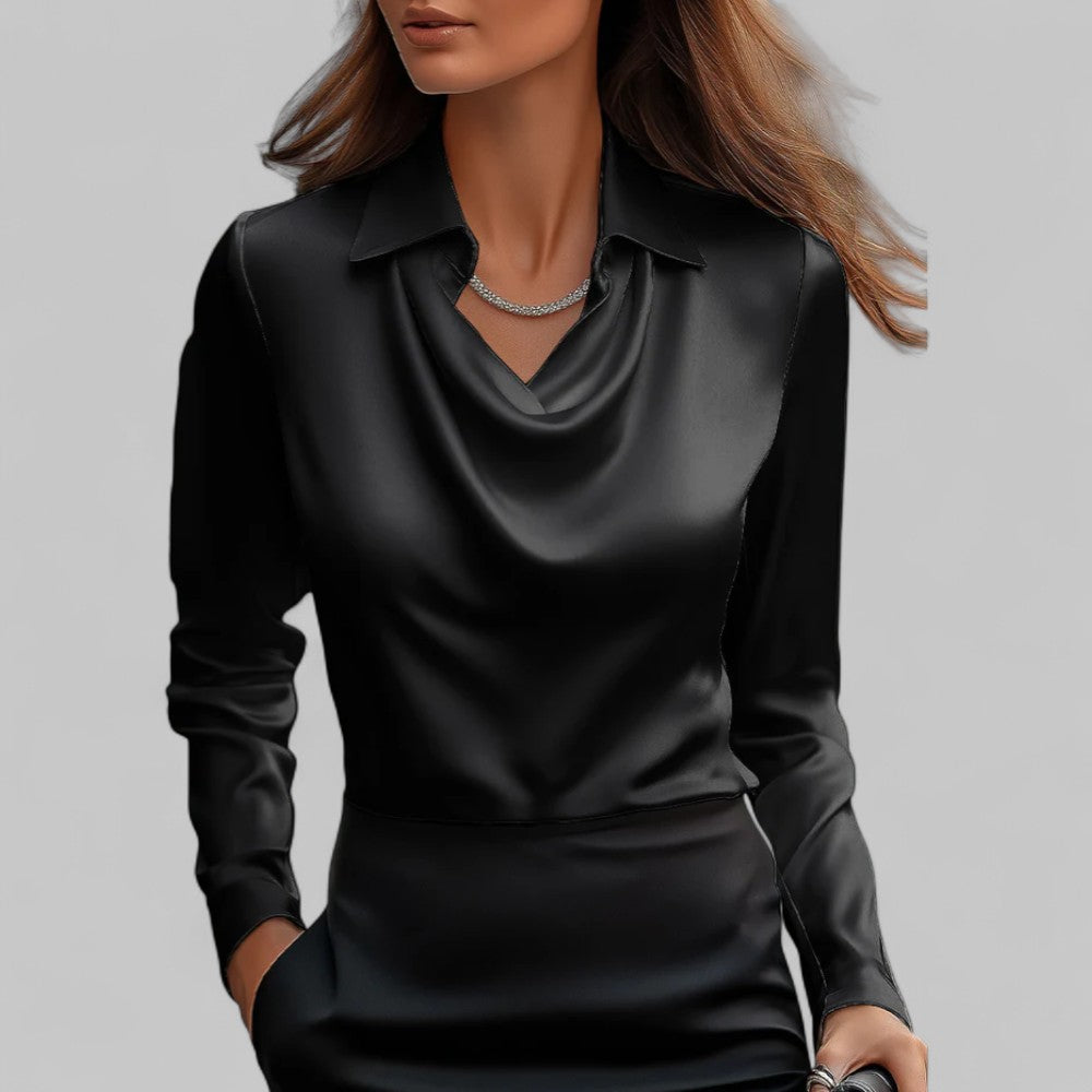 Comfortable women's long sleeve top with a stylish draped neck, versatile for everyday fashion.