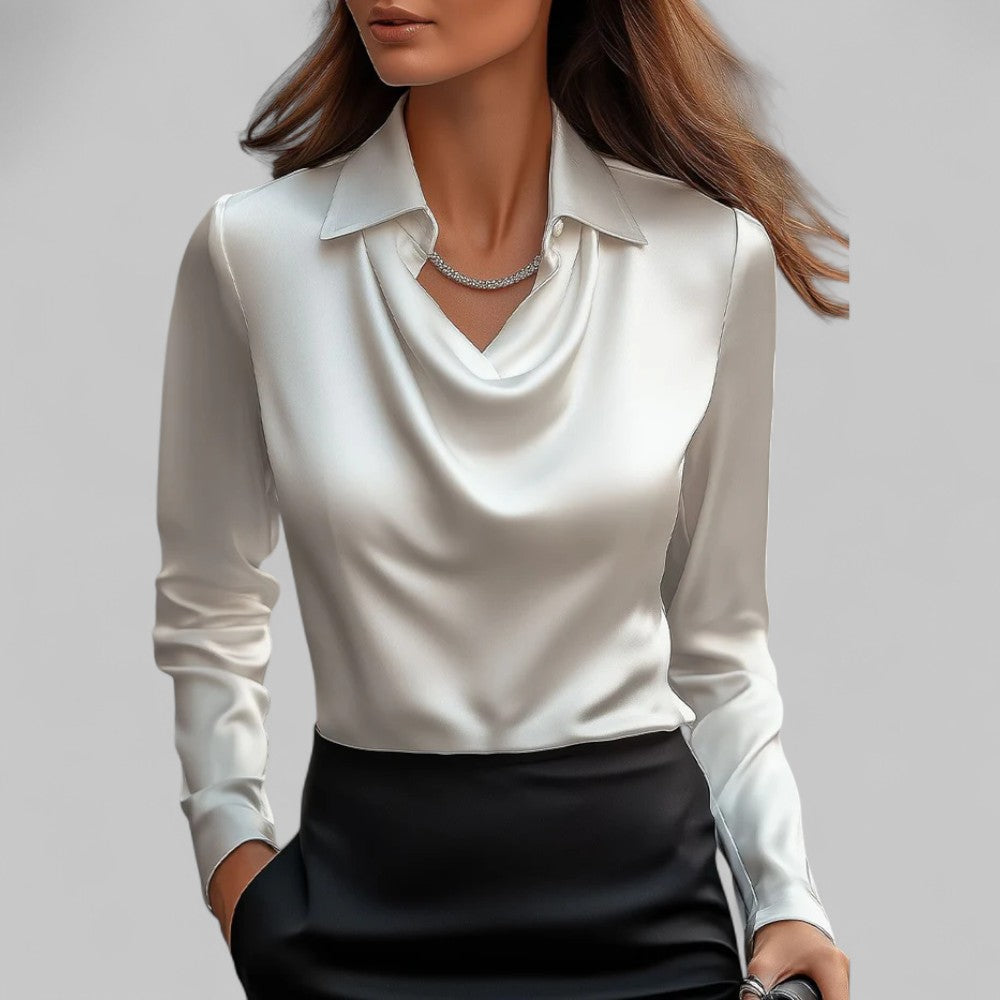 Elegant women's draped neck long sleeve blouse, perfect for office wear or a casual chic look.