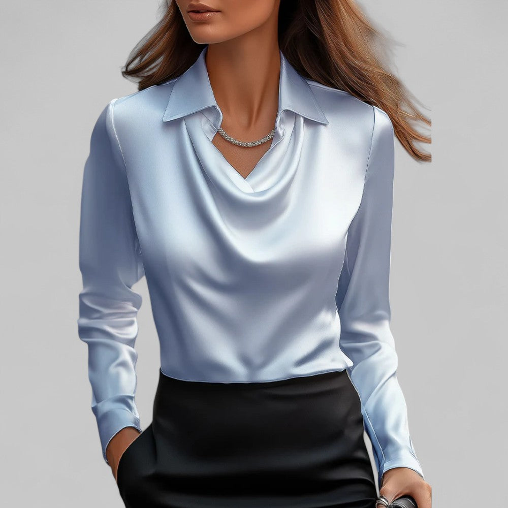 Sophisticated women's draped neck top with long sleeves, offering both comfort and classic style.
