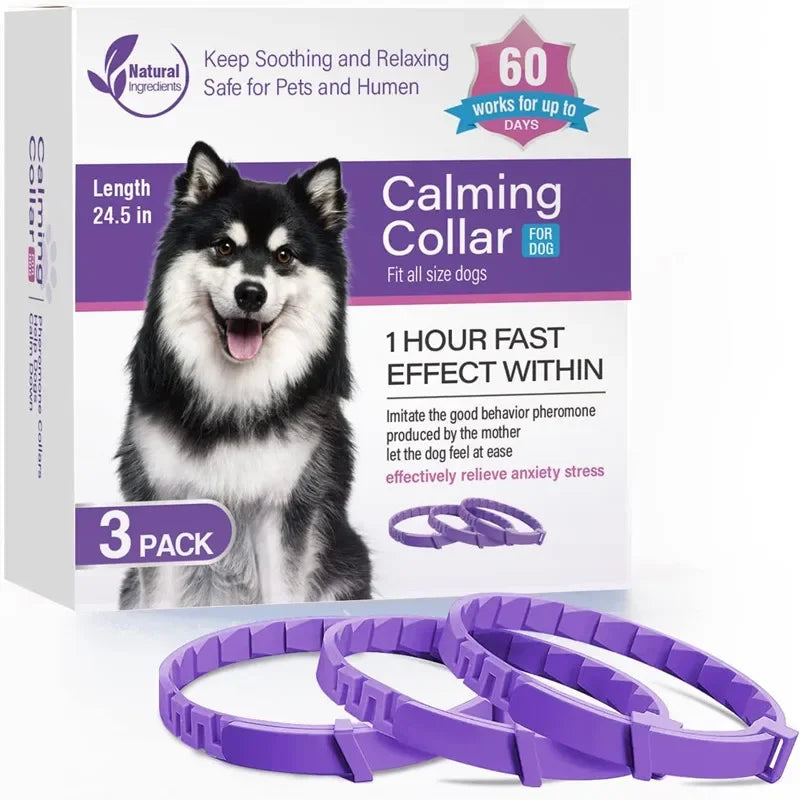 Adjustable anti-stress dog collar providing calming & flea/tick protection for pet health