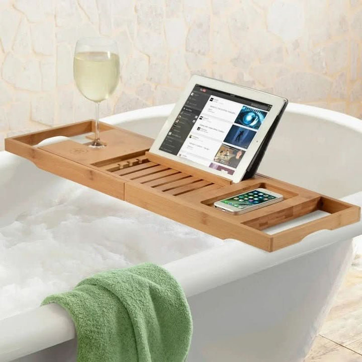 Stylish eco-friendly bamboo bathtub caddy. Adjustable bath accessory, perfect for modern bathroom decor.