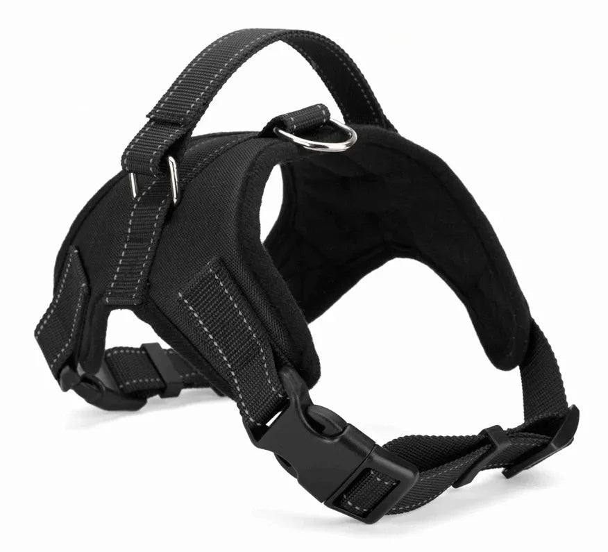Adjustable black dog harness with reflective stitching, front view, for safe daily walks.