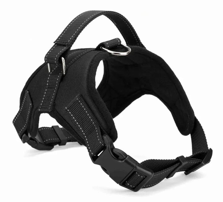 Adjustable black dog harness with reflective stitching, front view, for safe daily walks.