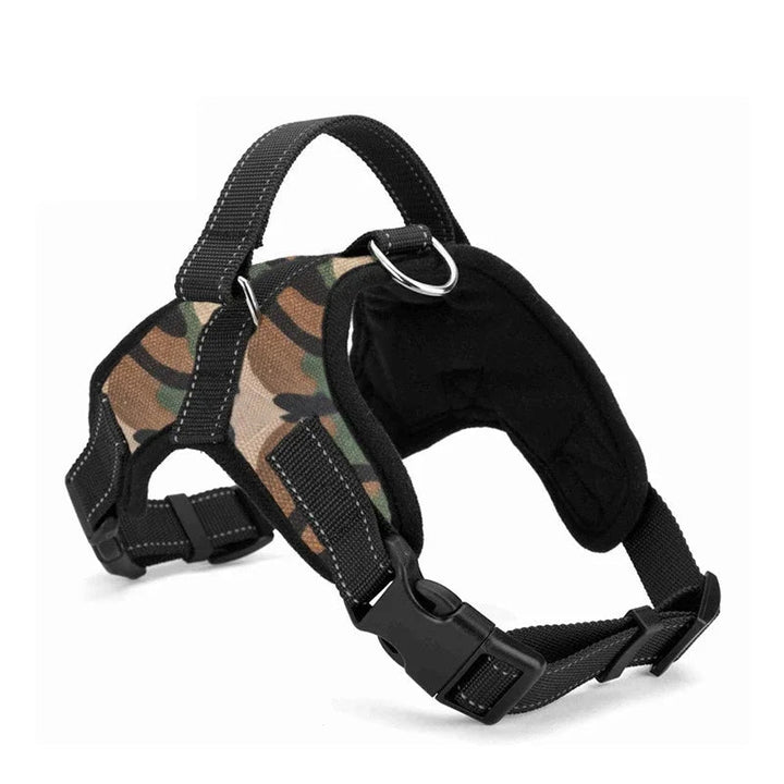 Medium dog harness in blue with reflective stitching, showing adjustable straps for comfort.
