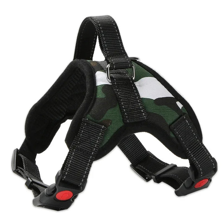 Side view of an adjustable nylon dog harness with reflective elements, perfect for daily use.