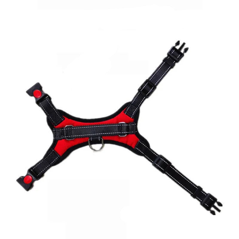Dog harness with easy-to-adjust straps and reflective threads, designed for pet safety and comfort.