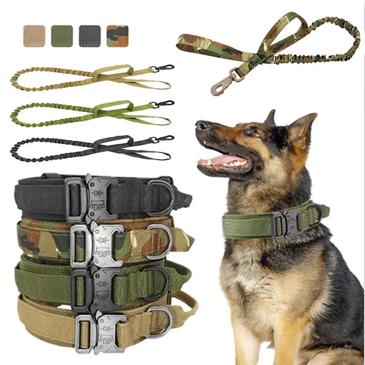 Adjustable black nylon dog collar and leash set with robust metal fastener, for pet safety