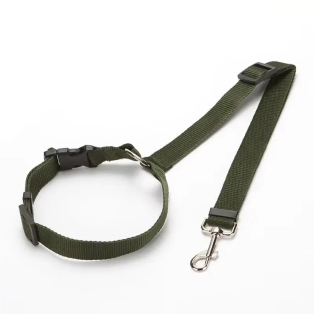 Product shot of an adjustable pet car seat belt and sturdy nylon harness for dog safety and comfort