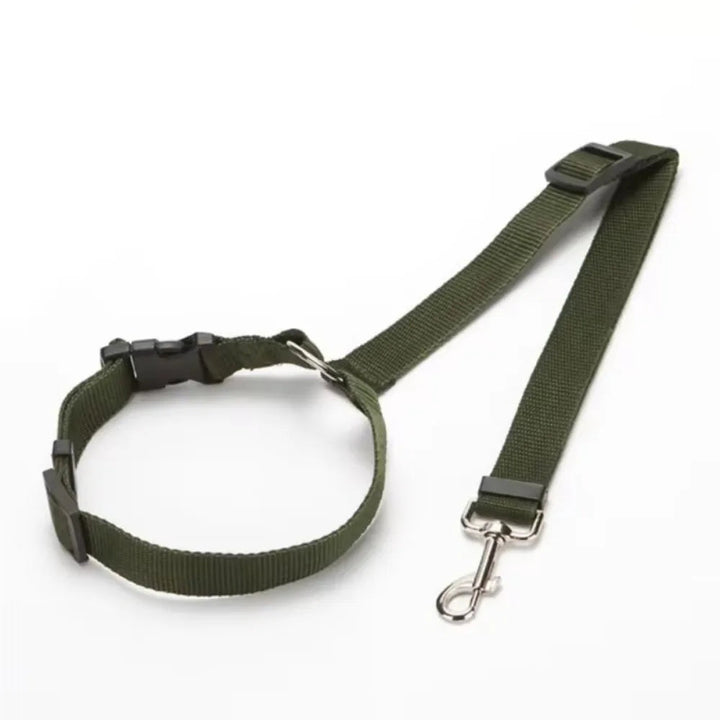 Product shot of an adjustable pet car seat belt and sturdy nylon harness for dog safety and comfort