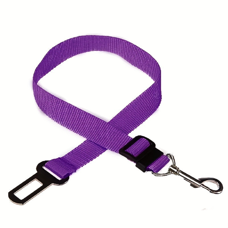 Unisex adjustable pet seat belt, black heavy-duty nylon for car travel, animal restraint system.