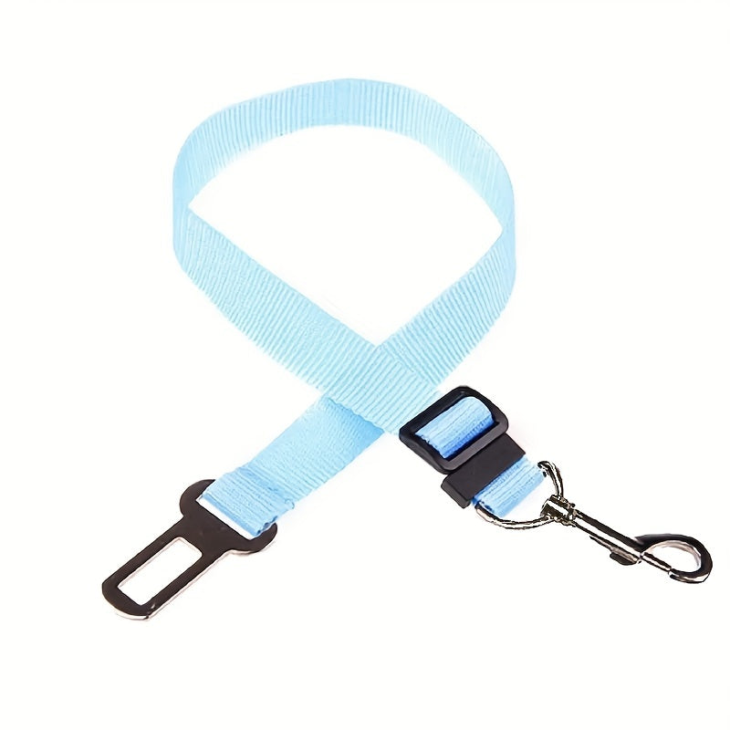 Adjustable pet car seatbelt, black nylon, designed for universal vehicle safety and animal restraint.