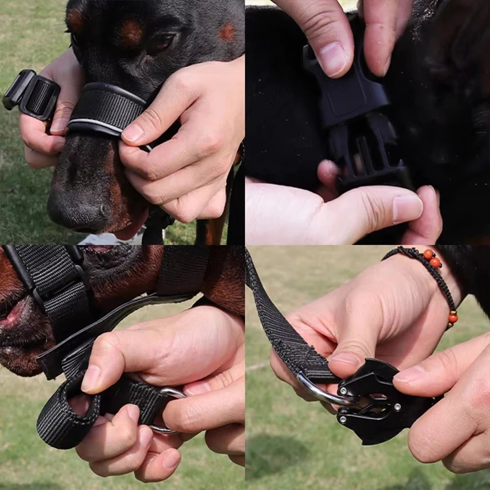 Reflective leather dog muzzle for biting, ensuring pet visibility and safety