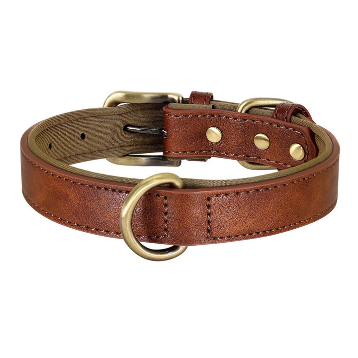 Adjustable brown PU leather dog collar for small dogs, padded and durable