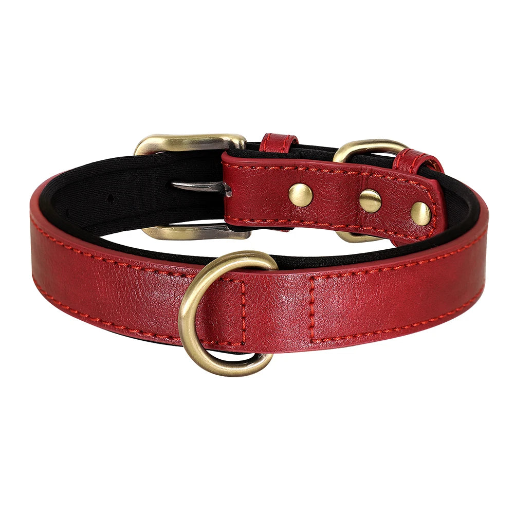 Comfortable red PU leather dog collar, adjustable for medium dogs, solid color design