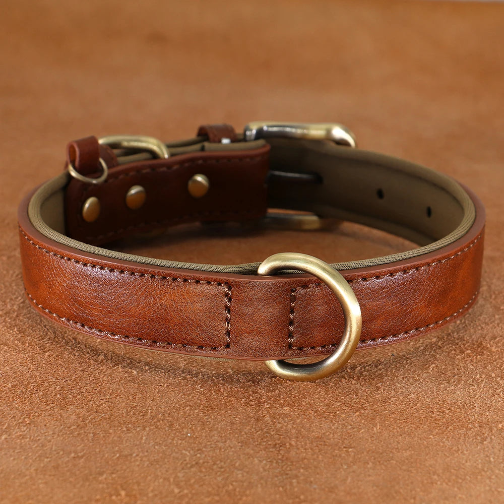 Close-up of a black adjustable PU leather dog collar, showing padding for comfort