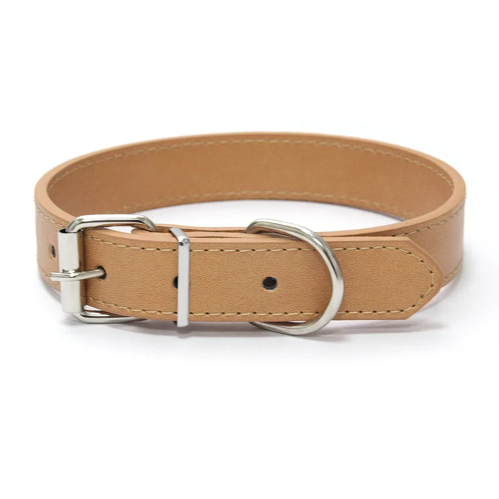 Adjustable brown PU leather dog collar, padded for comfort, durable solid color pet accessory.
