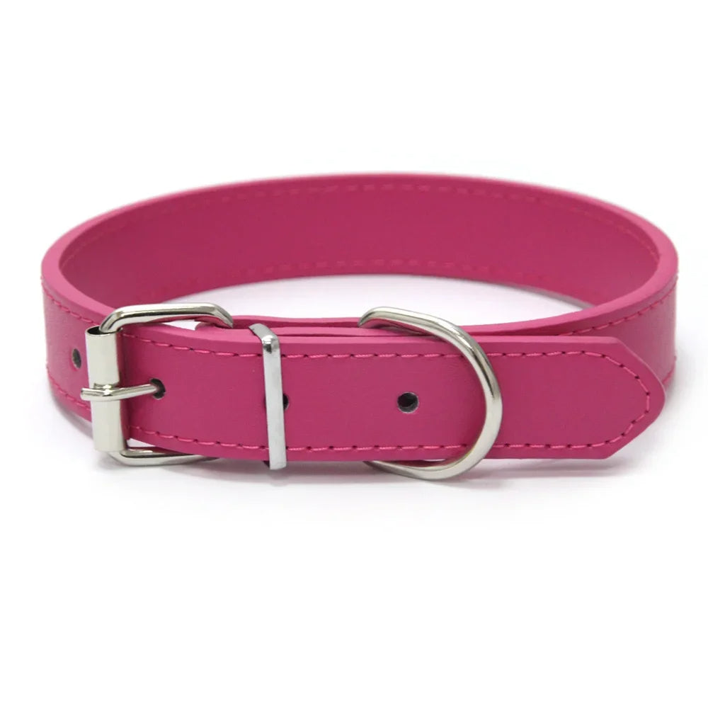 Red PU leather pet collar, adjustable & padded, solid color, comfortable for any dog.