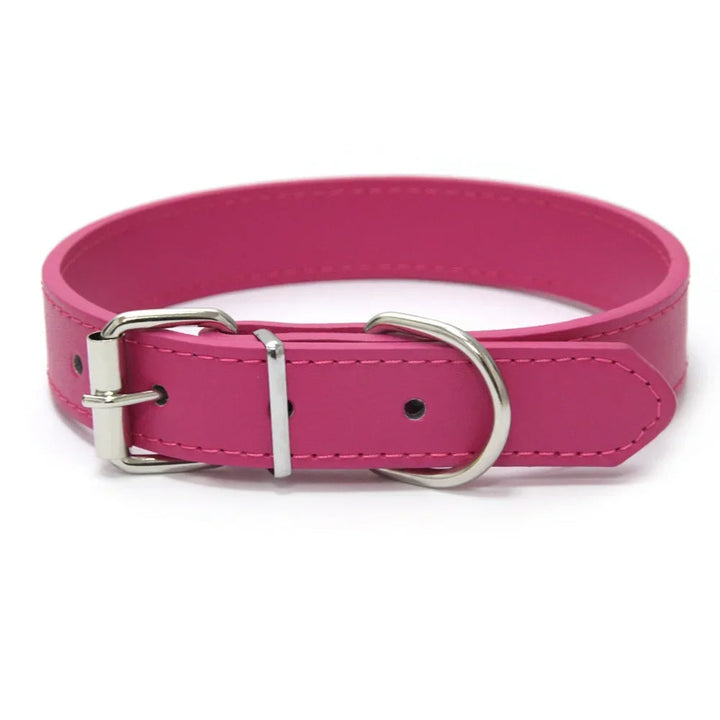 Red PU leather pet collar, adjustable & padded, solid color, comfortable for any dog.