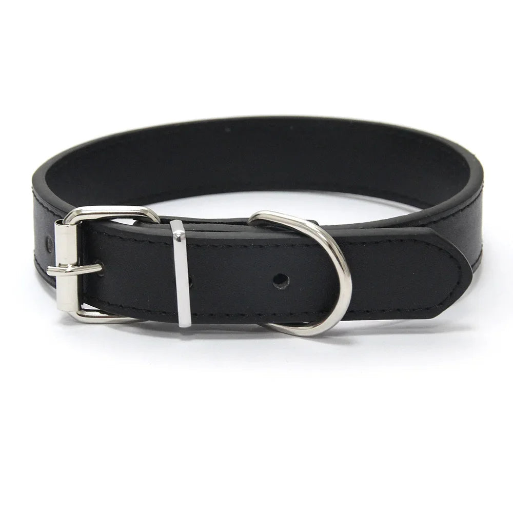 Padded blue PU leather dog collar, adjustable and durable, comfortable pet supplies.