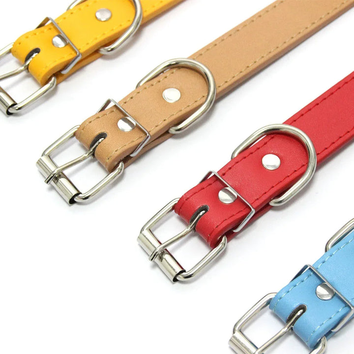 Comfortable blue PU leather dog collar, adjustable, padded for all sizes, pet supply.