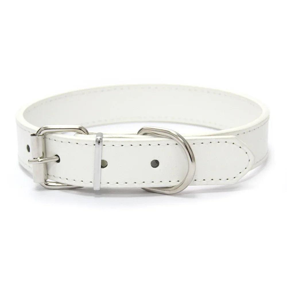 Solid color PU leather dog collar, padded & adjustable for universal fit, long-lasting.