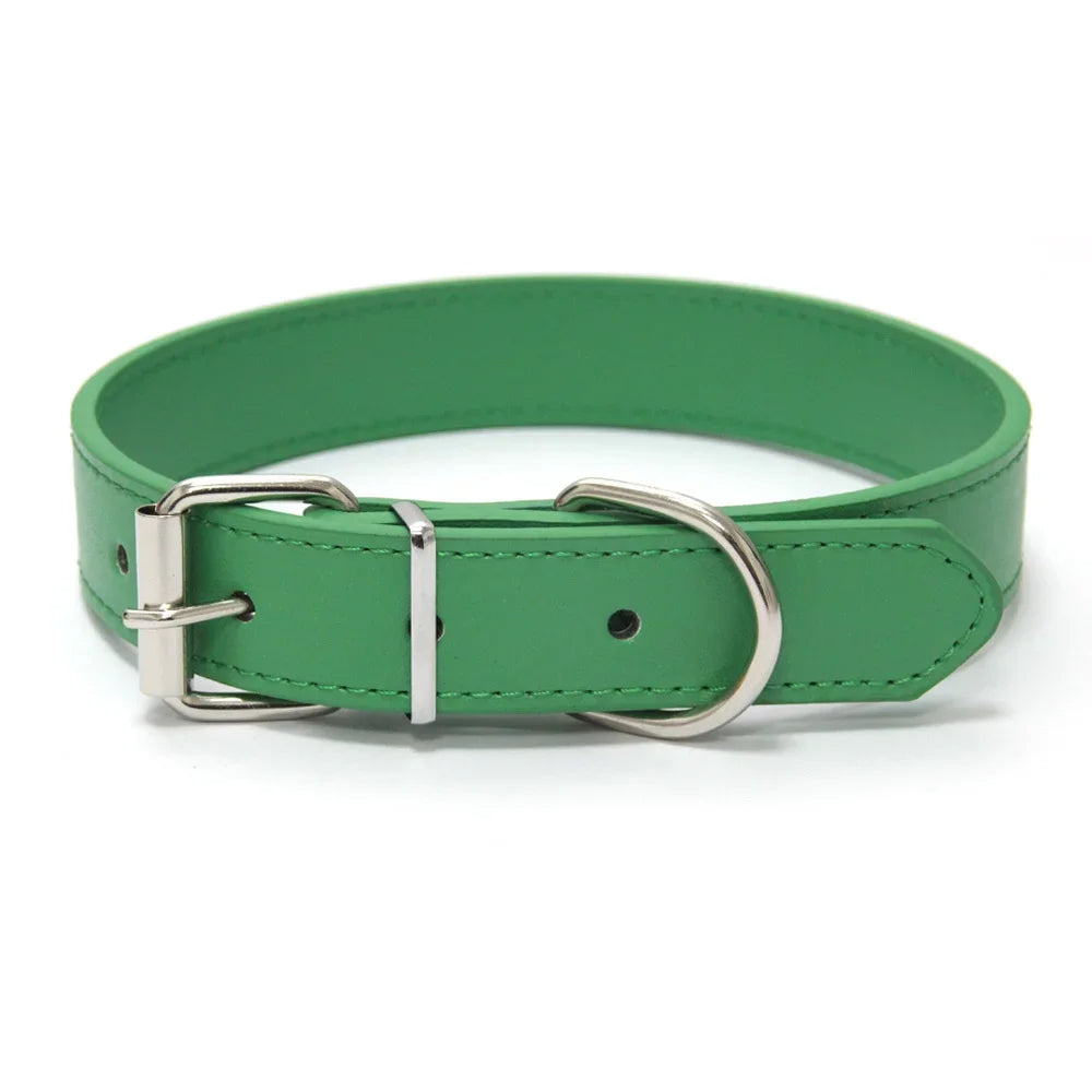 Red solid color dog collar, PU leather, padded comfort, fully adjustable pet accessory.