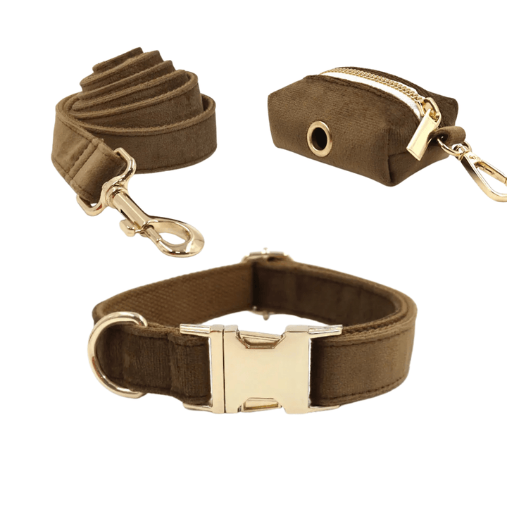 Stylish velvet dog collar in a rich brown shade, featuring an adjustable design and built-in poop bag dispenser