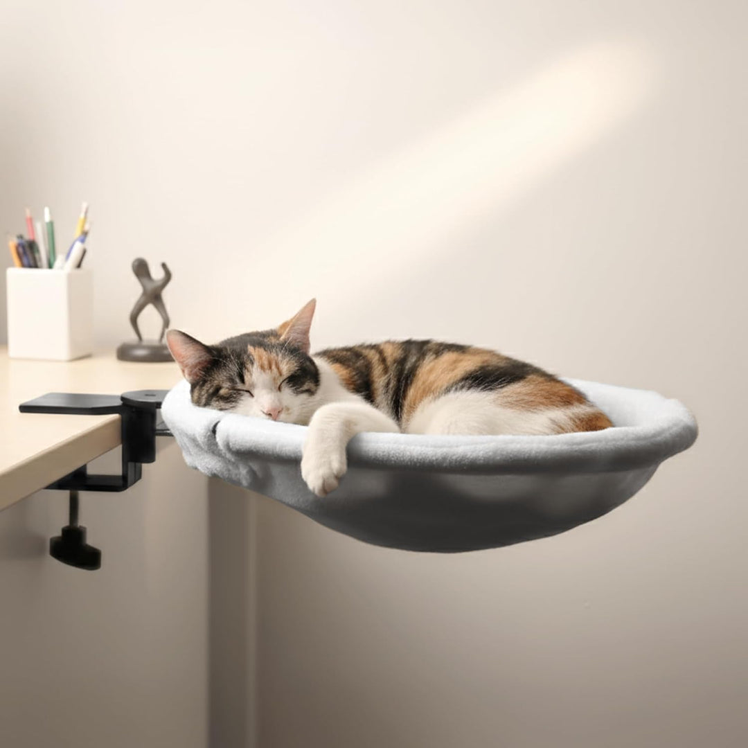 Adjustable cat desk bed seat with plush gray faux fur, offering a cozy pet perch for cats.