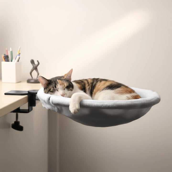 Adjustable cat desk bed seat with plush gray faux fur, offering a cozy pet perch for cats.