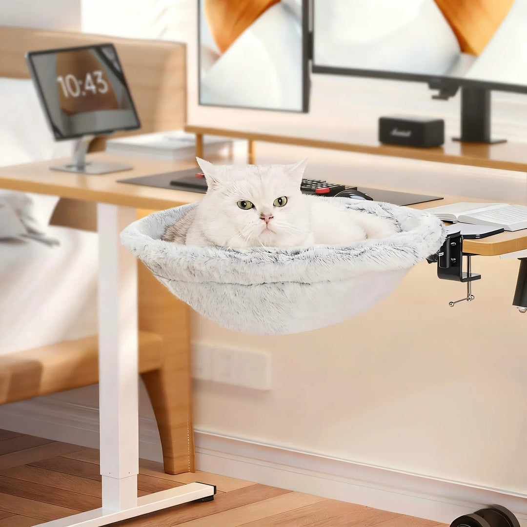Cat resting in an adjustable desk bed seat with soft white faux fur, a perfect pet comfort accessory.