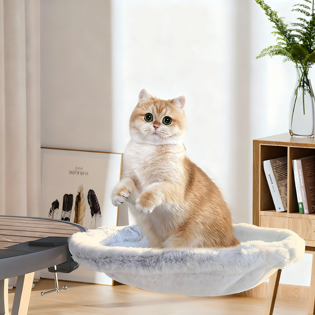 Pet desk perch in gray faux fur, showing the secure adjustable clamps for office desks.