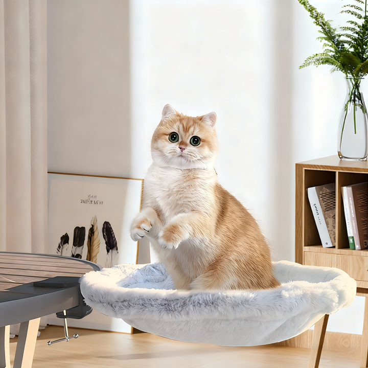Pet desk perch in gray faux fur, showing the secure adjustable clamps for office desks.